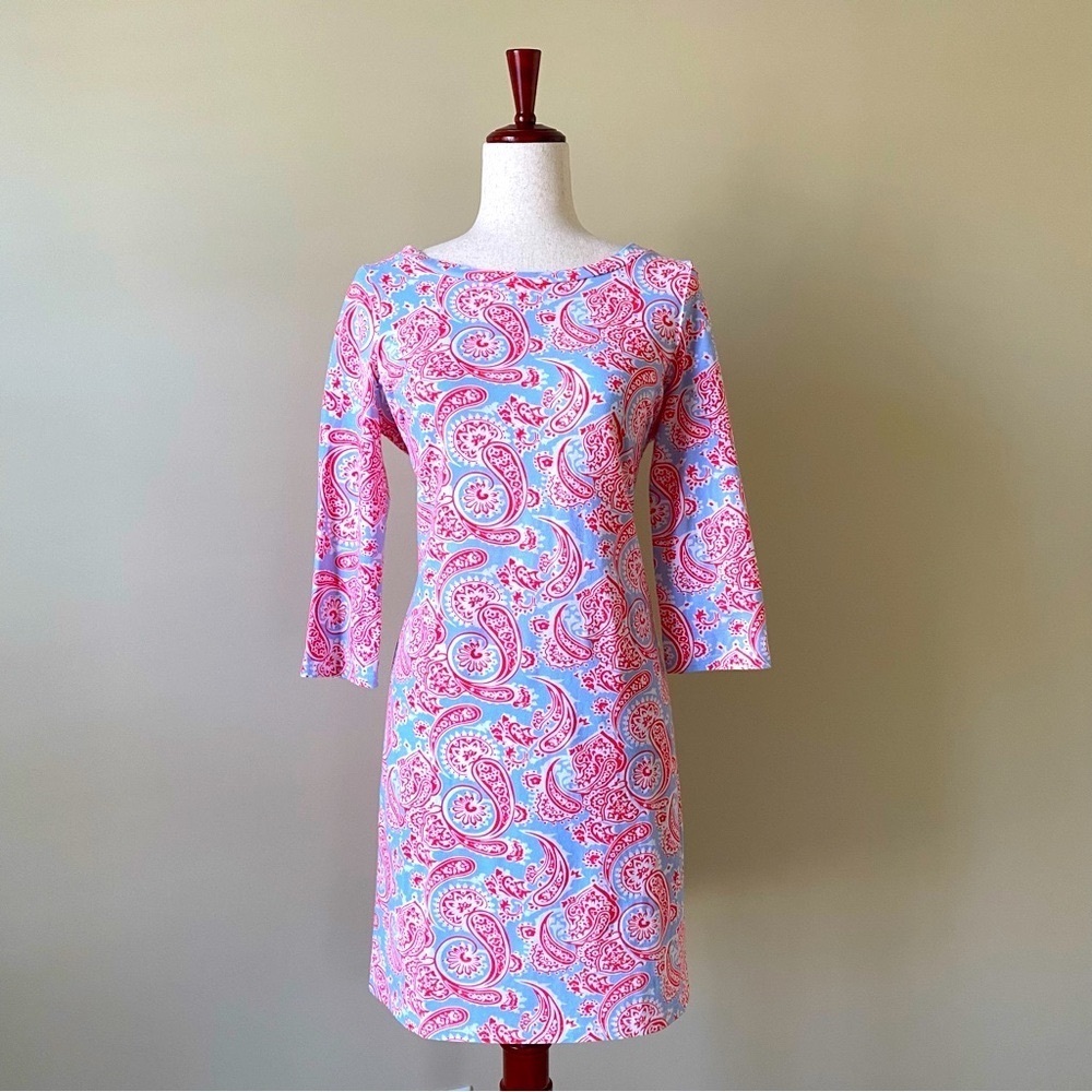 Gretchen Scott Dress Orange, Pale Blue, & White Paisley Pattern. 3/4 Sleeve (S)